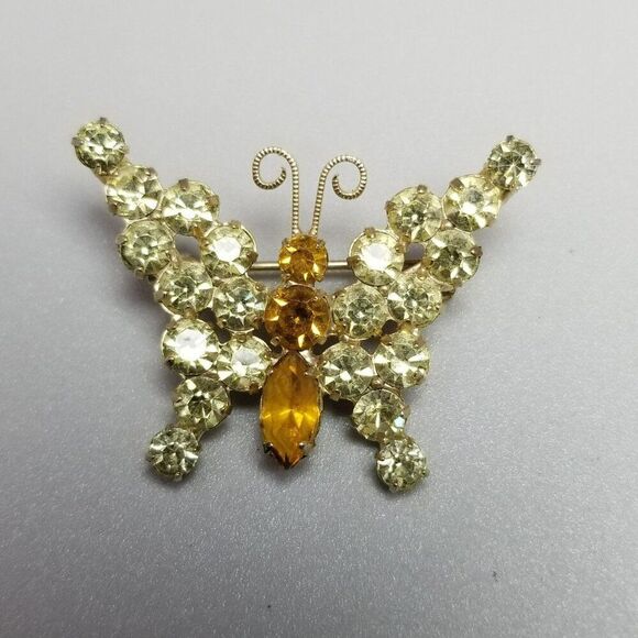 Vintage Orange and Yellow Rhinestone Butterfly Brooch, Prong Set, Insect Wings - Picture 5 of 6